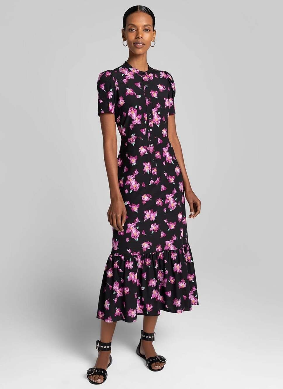 A.L.C. Dylan Black Purple Floral Short Sleeve Silk Ruffle Hem Midi Dress 10